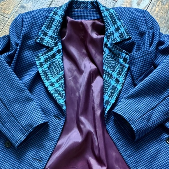 Vtg 80’-90’ | Blue & Black 100%Wool/100%Silk Houndstooth Plaid 3/4 Blazer/Coat - Picture 6 of 11